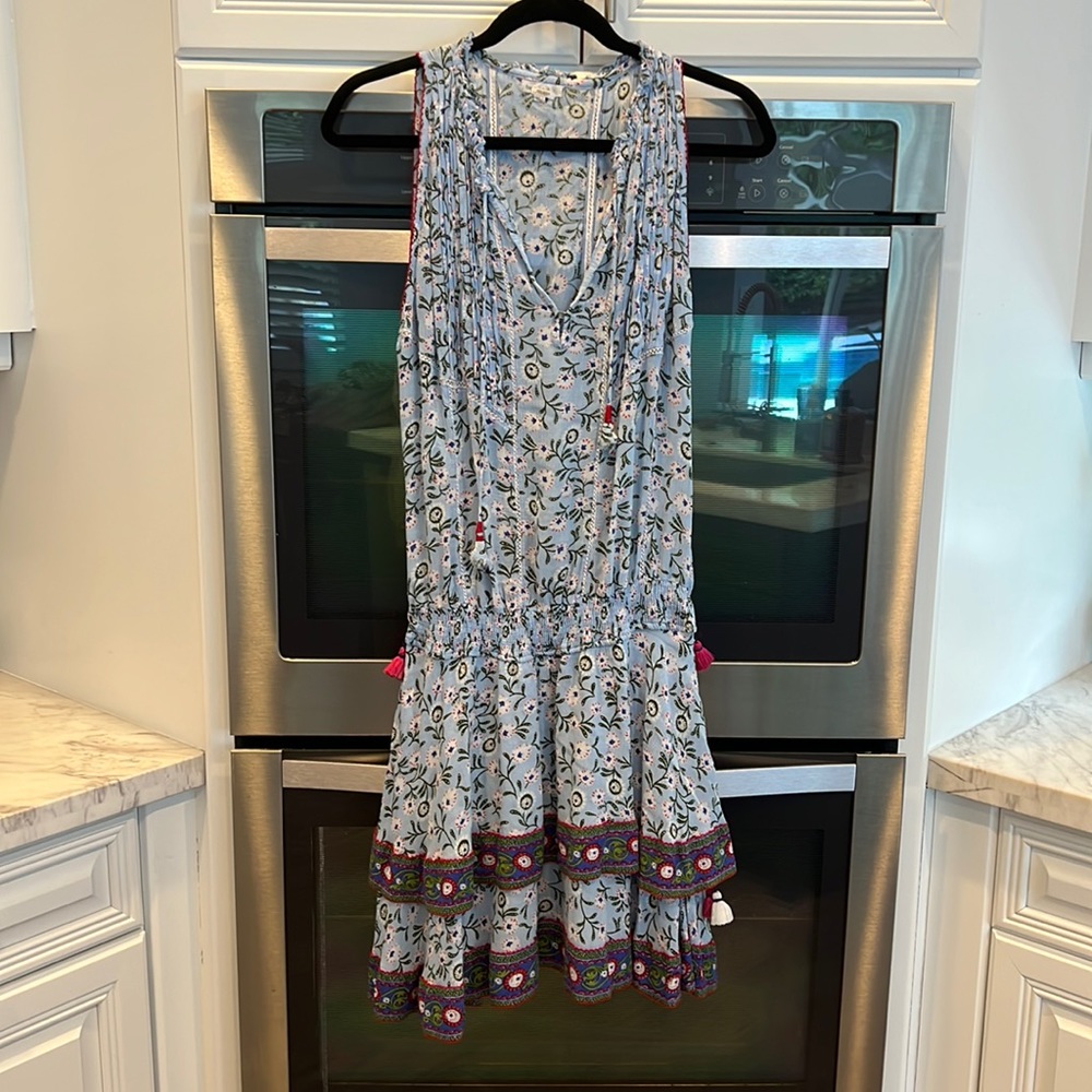 Poupette St. Barth Light Blue Floral Tiered Sundress with Pink Tassels